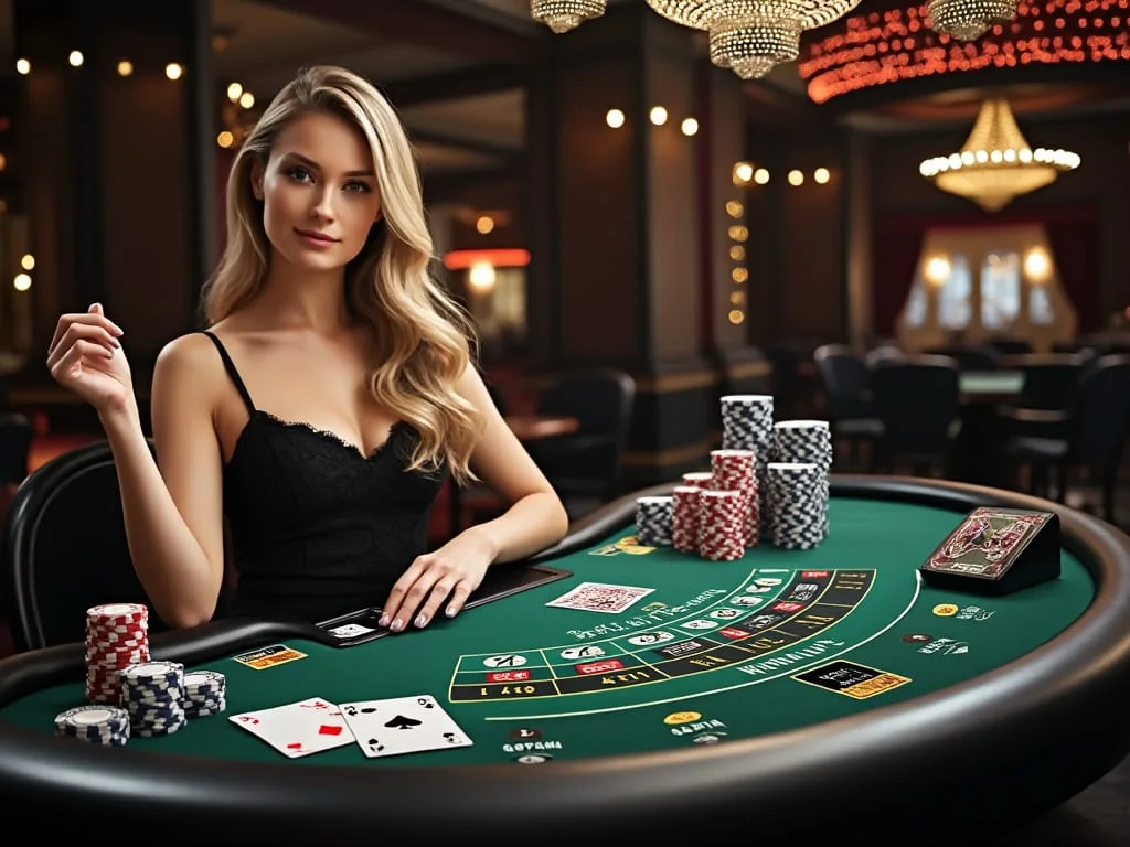 Tampilan ruang kasino live dengan meja dealer
